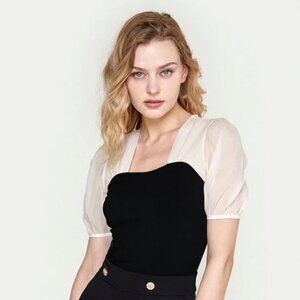 Women's Black Sheer Puff Sleeve Color Block Top | Size: L